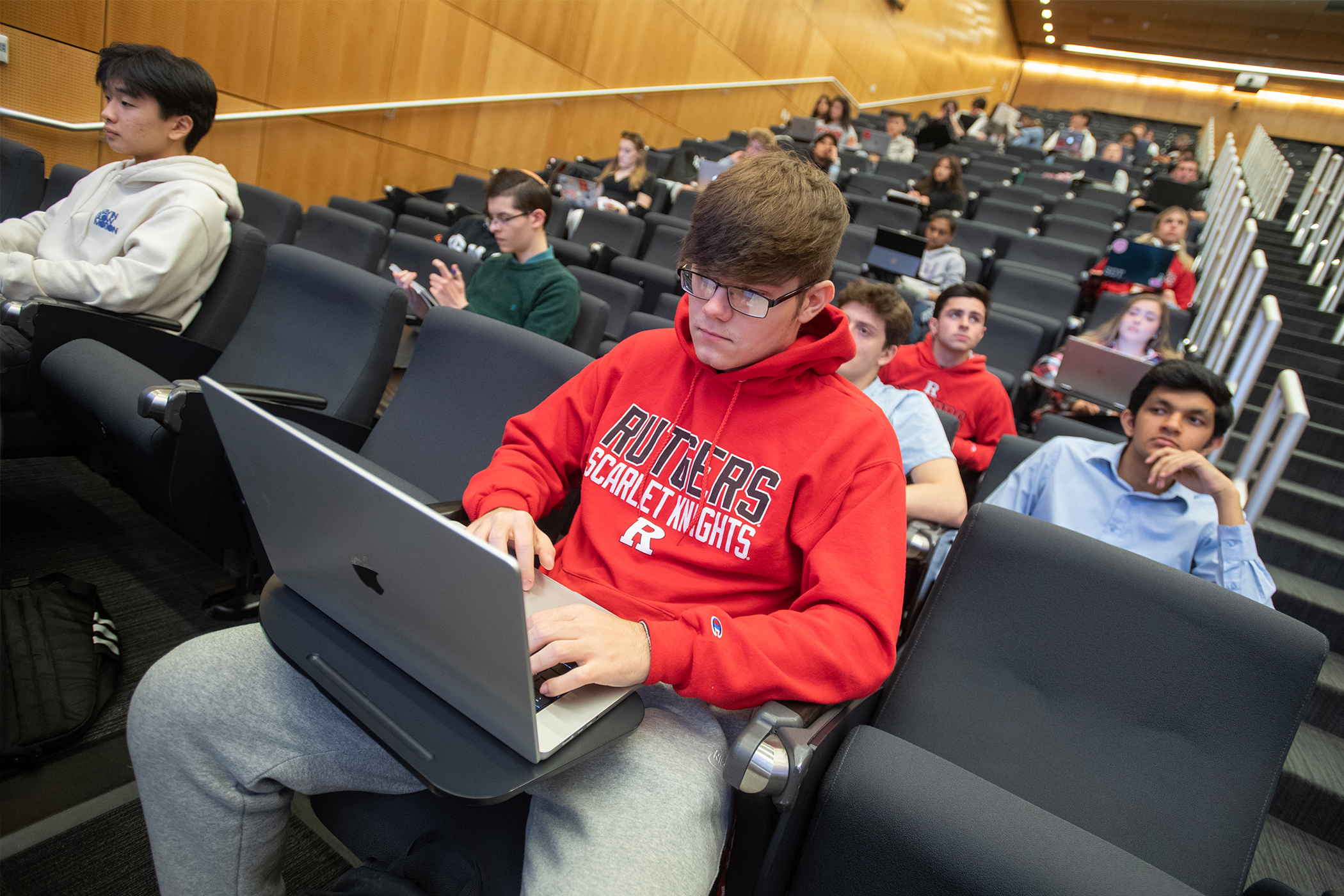 Kacper Sienko (RBS '25) takes notes during Intro to Financial Accounting course inside the Rutgers Business School.